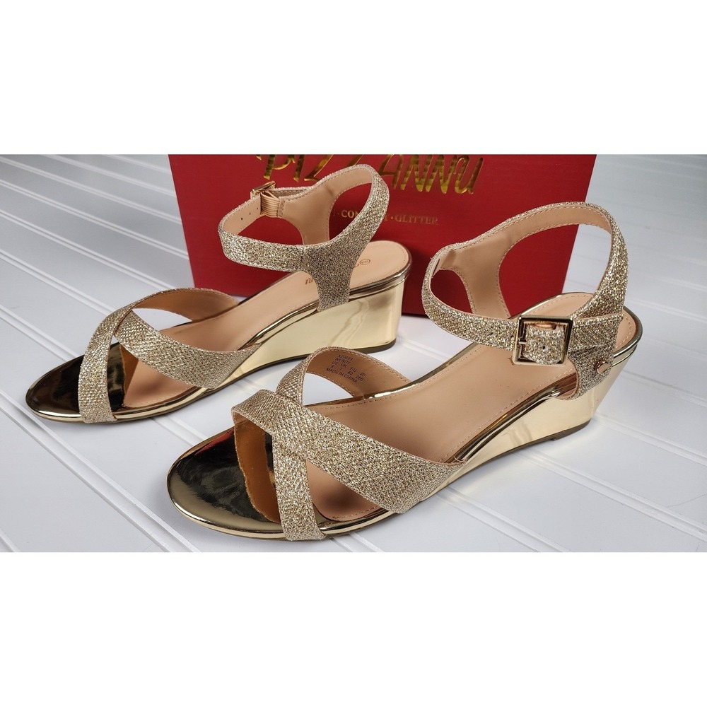 Pizzannu Wedge Sandals Women Size 9 Gold Glitter Ankle Strap